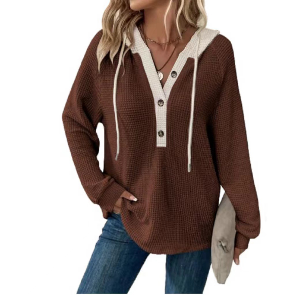 Clearance Sale! 🔥 Women's Solid Color Waffle Knit Hooded Button-Up Loose Long-Sleeve Colorblock Sweatshirt