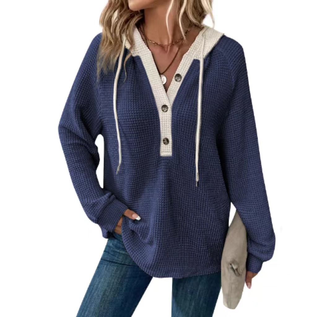 Clearance Sale! 🔥 Women's Solid Color Waffle Knit Hooded Button-Up Loose Long-Sleeve Colorblock Sweatshirt