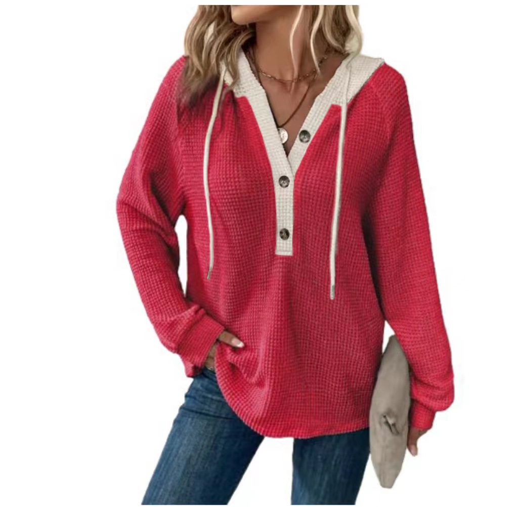 Clearance Sale! 🔥 Women's Solid Color Waffle Knit Hooded Button-Up Loose Long-Sleeve Colorblock Sweatshirt