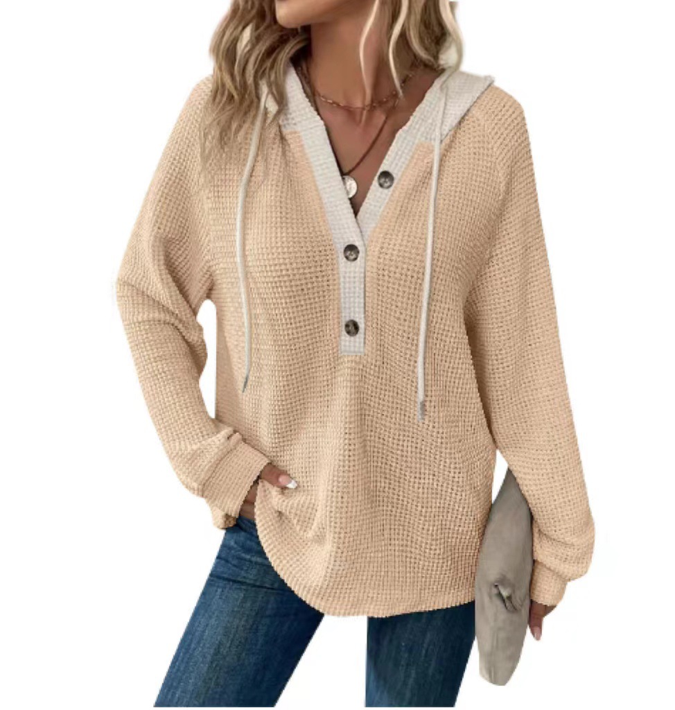 Clearance Sale! 🔥 Women's Solid Color Waffle Knit Hooded Button-Up Loose Long-Sleeve Colorblock Sweatshirt
