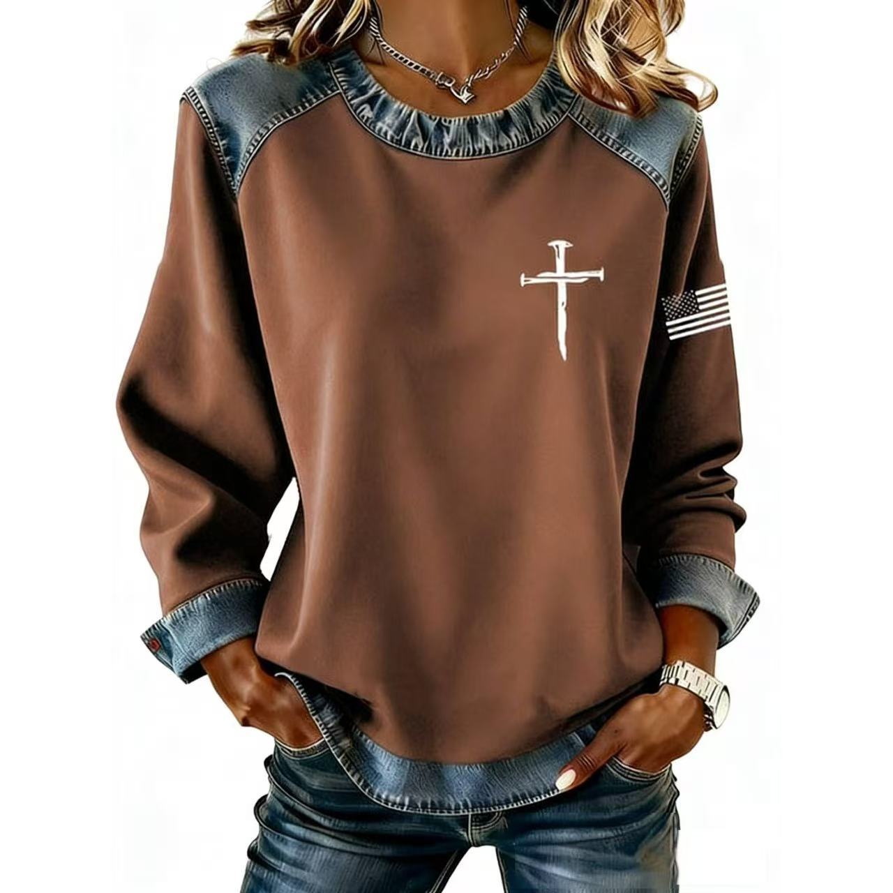 ⏰ Last day! 60% off 🔥 Women's denim collar long-sleeved pullover patchwork knit sweater top