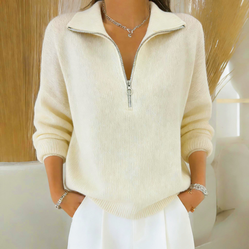 🎄New Arrival🔥 Women's Solid Color Zippered Lapel Casual Loose Knit Pullover Sweater