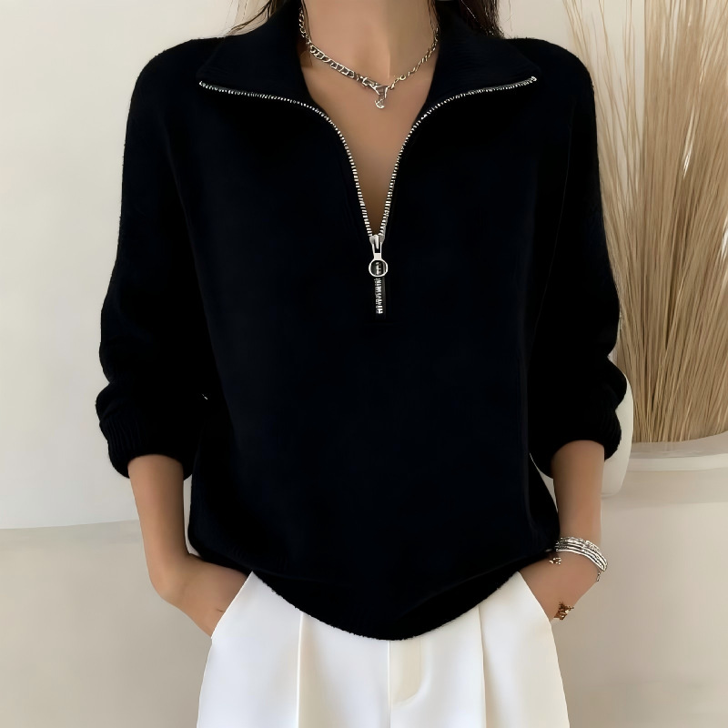 🎄New Arrival🔥 Women's Solid Color Zippered Lapel Casual Loose Knit Pullover Sweater