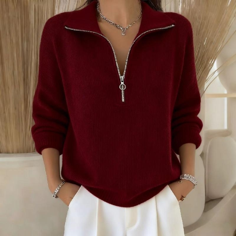 🎄New Arrival🔥 Women's Solid Color Zippered Lapel Casual Loose Knit Pullover Sweater