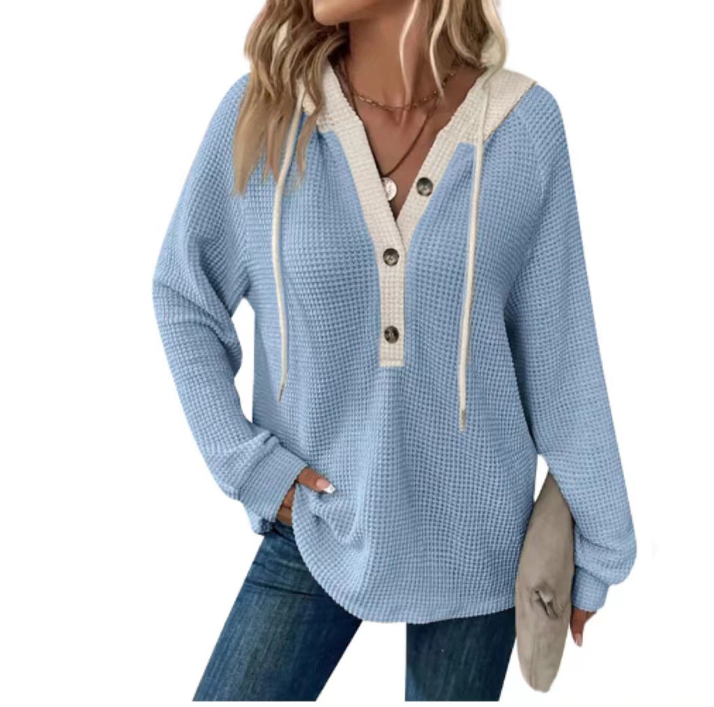 Clearance Sale! 🔥 Women's Solid Color Waffle Knit Hooded Button-Up Loose Long-Sleeve Colorblock Sweatshirt