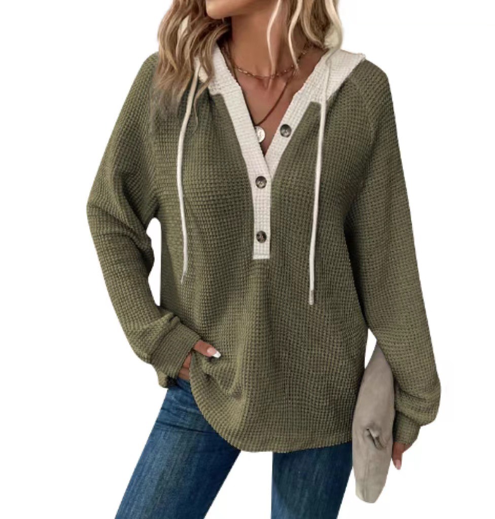 Clearance Sale! 🔥 Women's Solid Color Waffle Knit Hooded Button-Up Loose Long-Sleeve Colorblock Sweatshirt