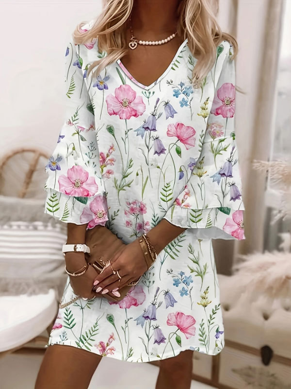 Women's Printed Casual Cotton V-Neck Dress