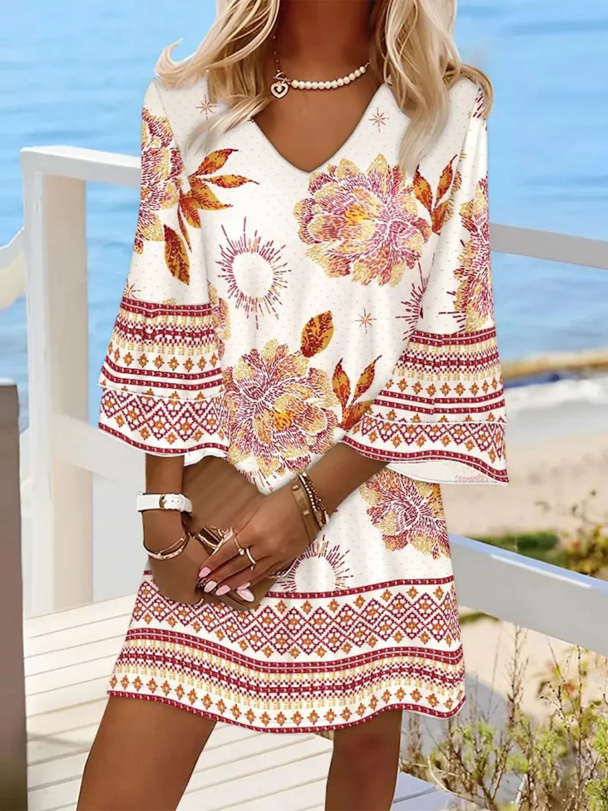 Women's Printed Casual Cotton V-Neck Dress