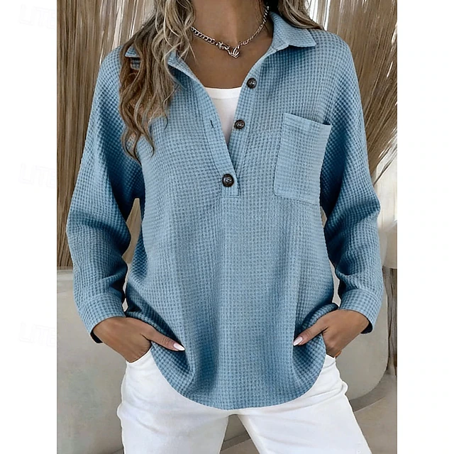 Women's V-neck button-up waffle knit solid color loose-fitting long-sleeved top