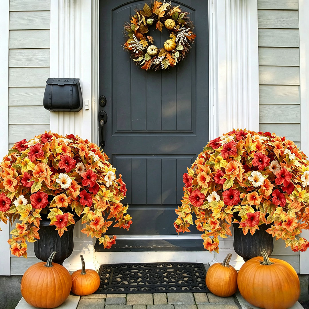 🍂 Artificial Fall Harvest Hanging Basket🔥UV Resistant Faux Petunia Flowers – Fade-Proof Outdoor Floral Decor