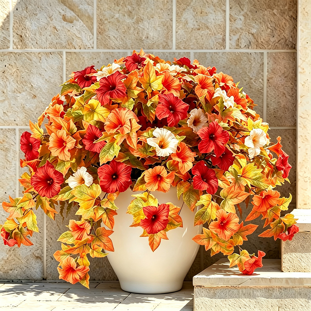 🍂 Artificial Fall Harvest Hanging Basket🔥UV Resistant Faux Petunia Flowers – Fade-Proof Outdoor Floral Decor