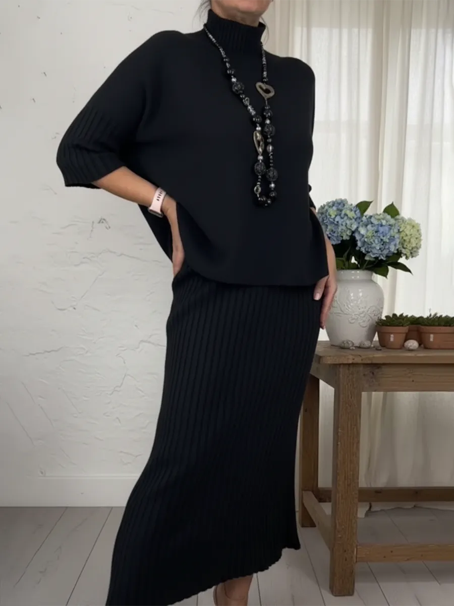Elegáns két részes szett: magas nyakú pulóver 🧶 és kötött szoknya 👗