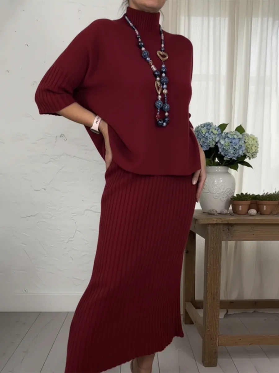 Elegáns két részes szett: magas nyakú pulóver 🧶 és kötött szoknya 👗