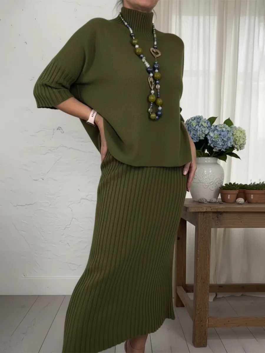 Elegáns két részes szett: magas nyakú pulóver 🧶 és kötött szoknya 👗