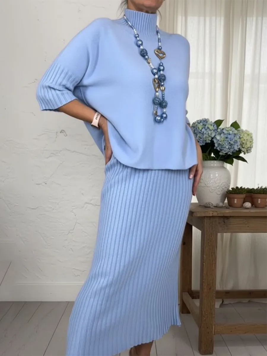Elegáns két részes szett: magas nyakú pulóver 🧶 és kötött szoknya 👗