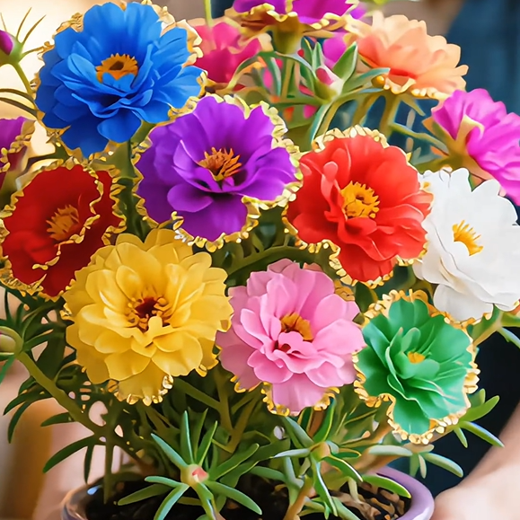 Aranyszegélyű porcsinrózsa 🌸✨ – Csillogó, dupla színű virágok a könnyed nyári hatásért