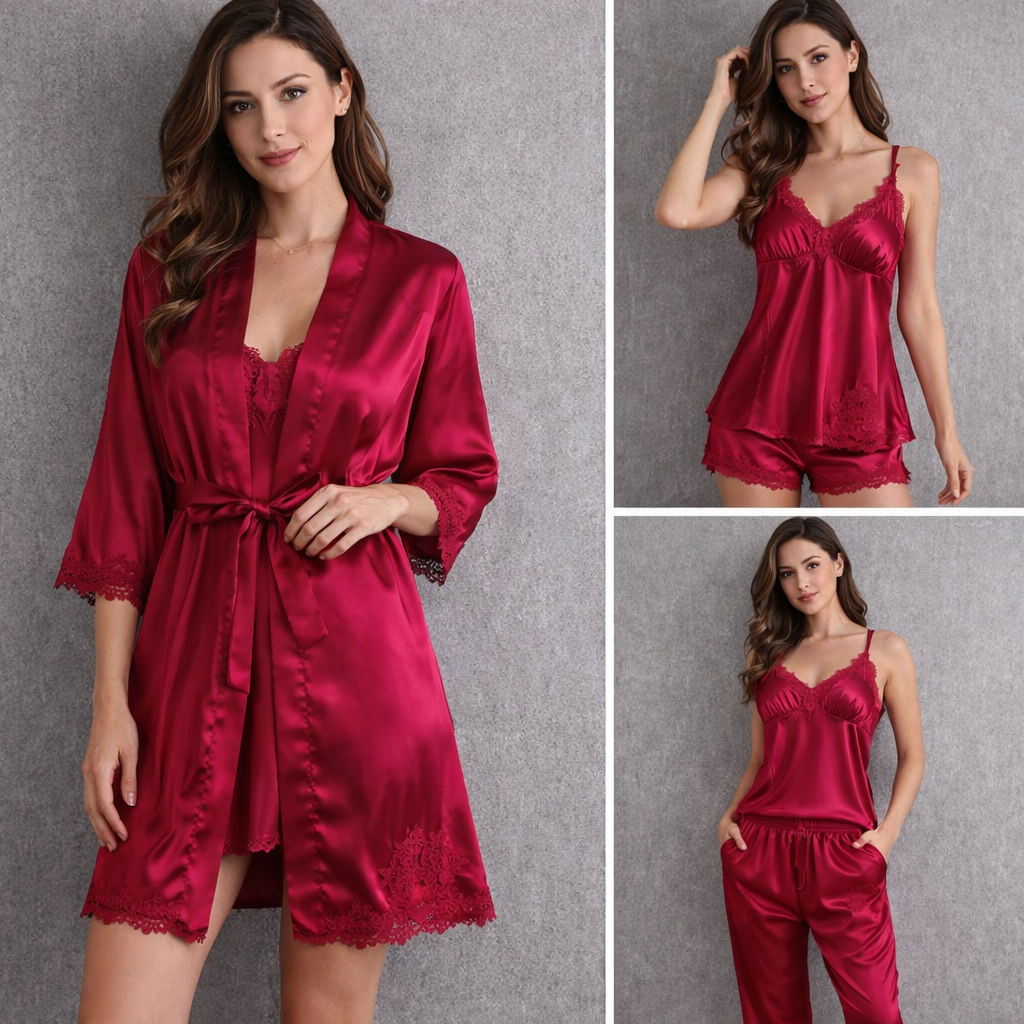 🔥🌹Valentínska ponuka💕 Dámska sexi nočná košeľa z ľadového hodvábu – 5-dielna súprava
