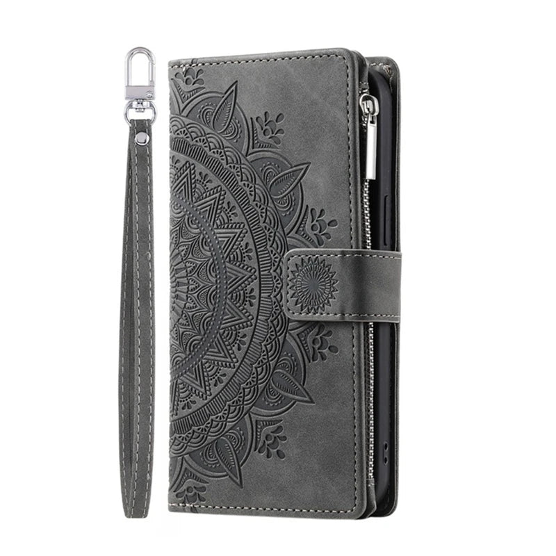 Luxury Leather Embossed Card Slots Zipper Wallet Case for iPhone