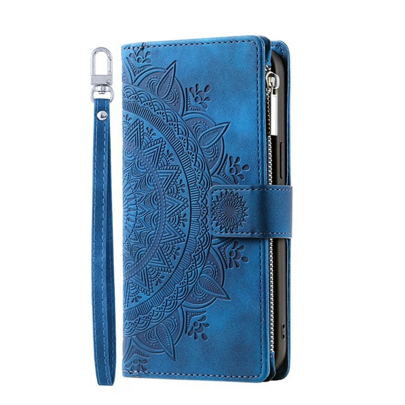 Luxury Leather Embossed Card Slots Zipper Wallet Case for iPhone