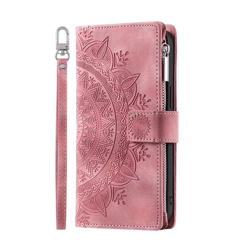 Luxury Leather Embossed Card Slots Zipper Wallet Case for iPhone