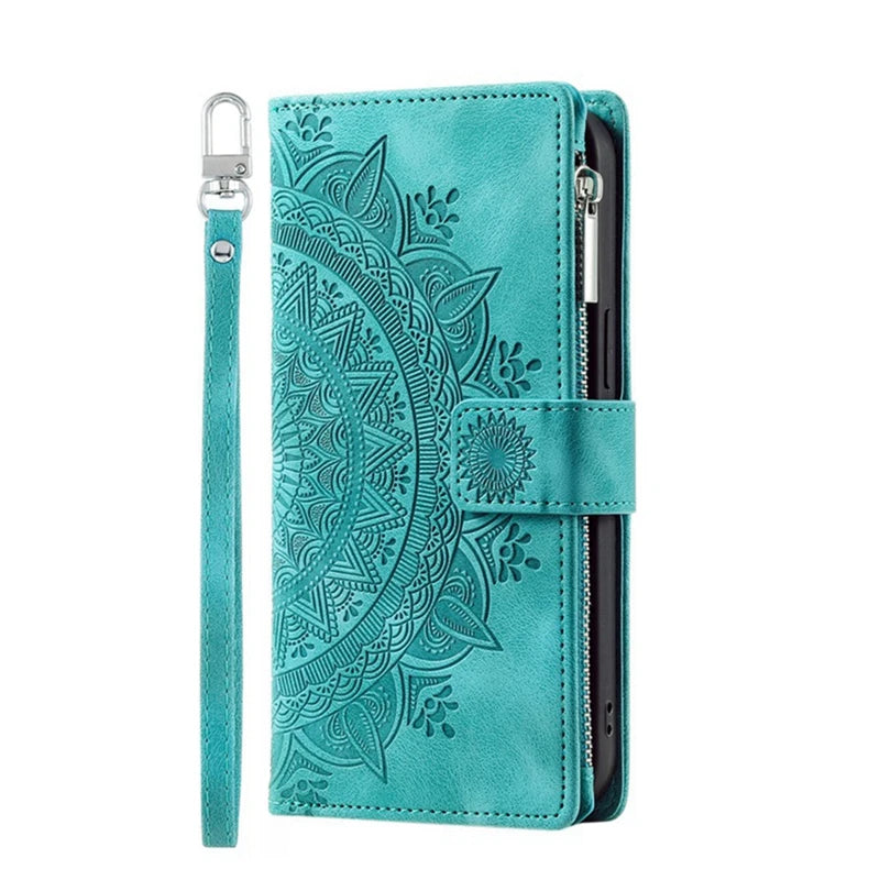 Luxury Leather Embossed Card Slots Zipper Wallet Case for iPhone
