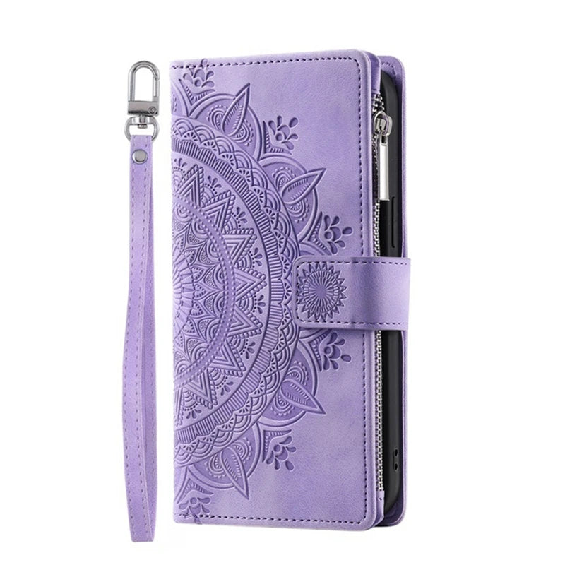 Luxury Leather Embossed Card Slots Zipper Wallet Case for iPhone