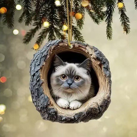 🎁❤Forest Tree Hole Cat Ornament – ​​Cozy Forest Christmas Decoration