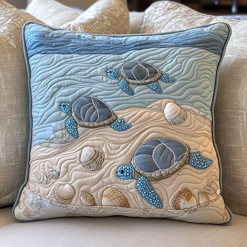 Coastal Sea Turtle Quilted Pillow