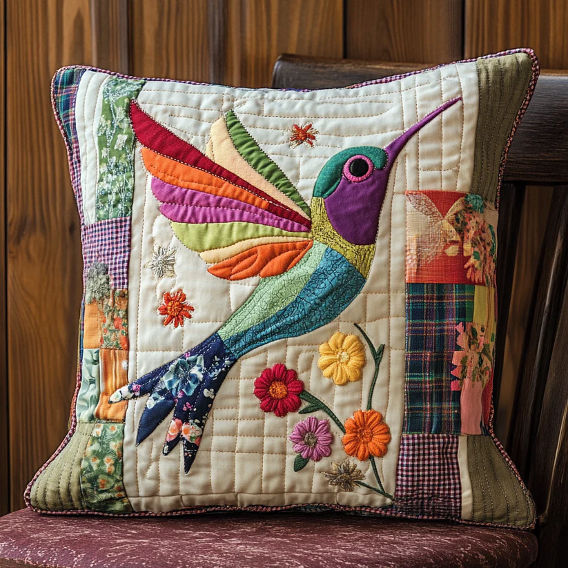 Rainbow Hummingbird Quilted Pillow