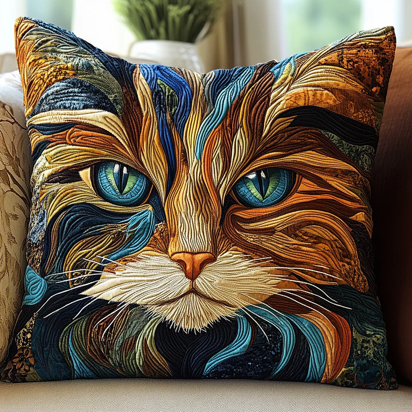 Vibrant Cat Quilted Pillow