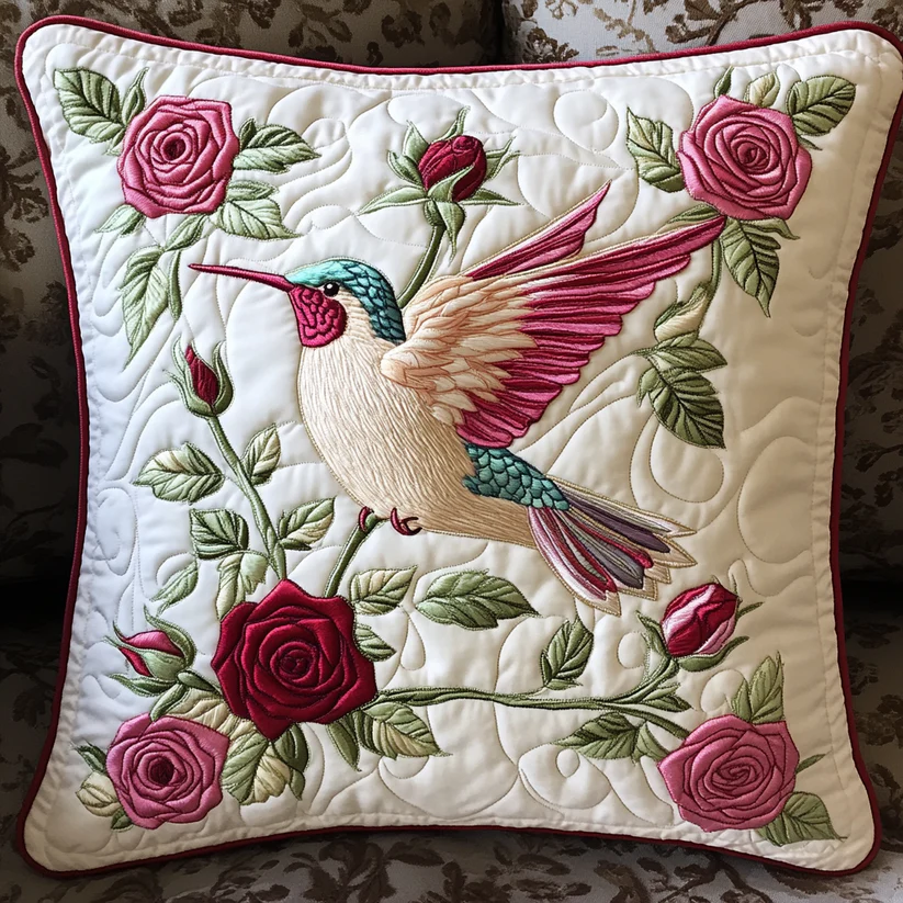 Hummingbird & Rose Quilted Pillow