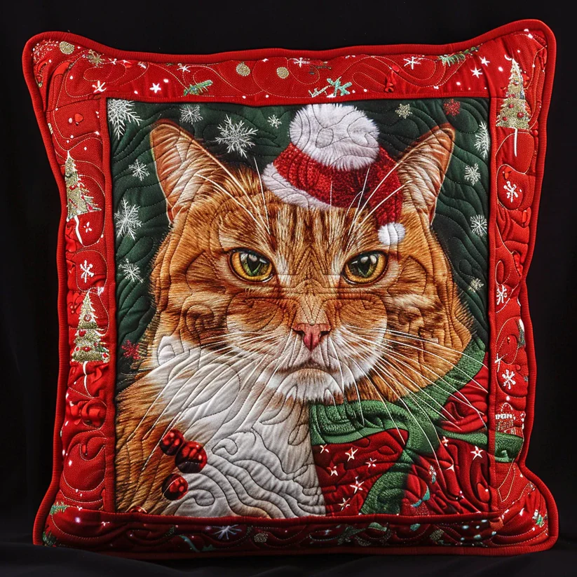 Christmas Cat Quilted Pillow