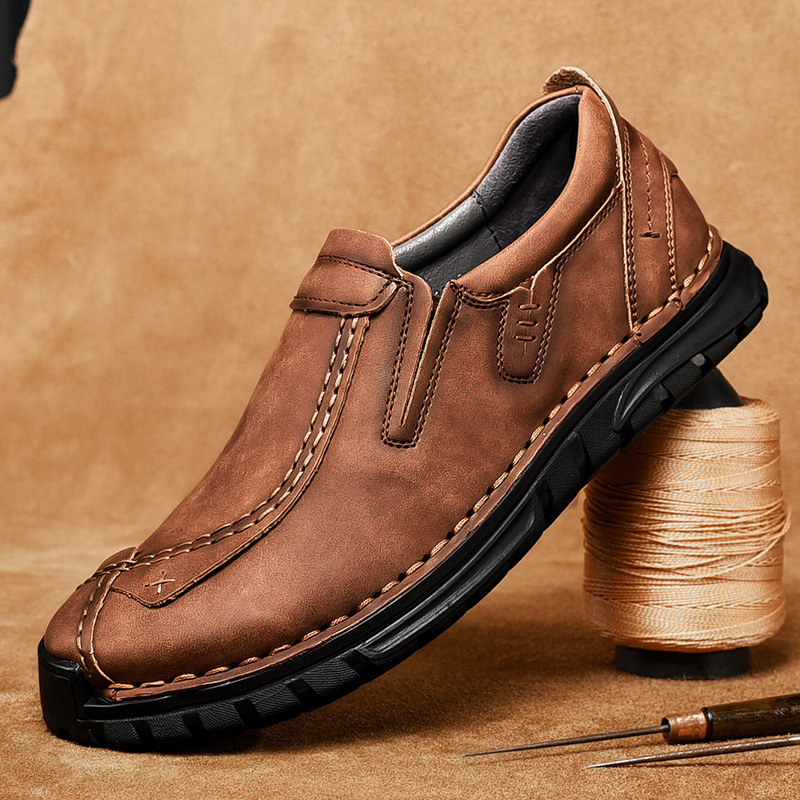 Men's Leather Stitched Walking Shoes - Vintage Lightweight Durable Shock Absorption Comfy Sneakers