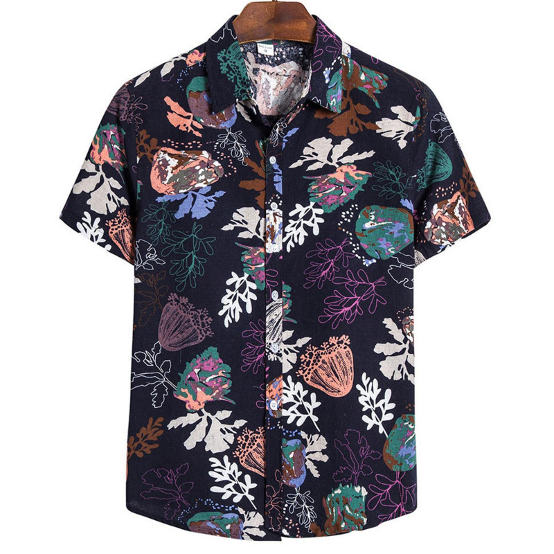 Men's Summer Patchwork Print Casual Vintage Short Sleeve Shirt