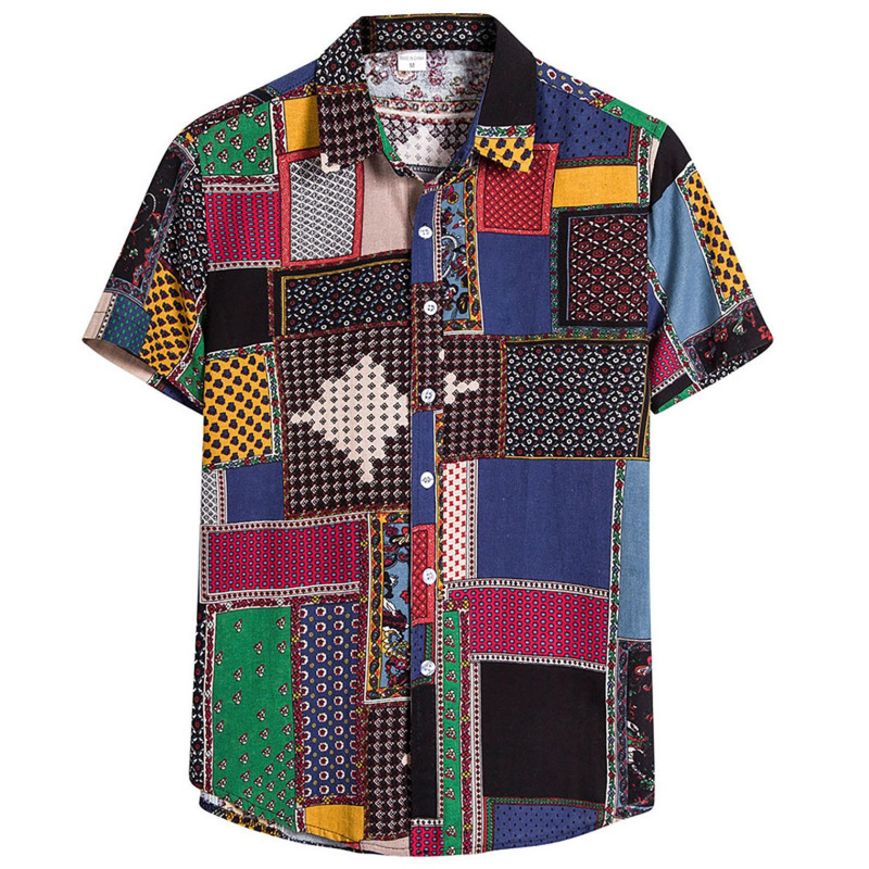 Men's Summer Patchwork Print Casual Vintage Short Sleeve Shirt