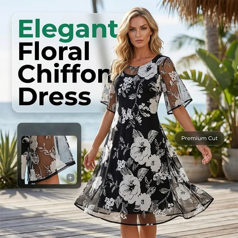 🌷🌷50% OFF NOW! ✨ Women's Floral A-Line Party Dress – Double-Layer Chiffon, Elegant Print & Knee-Length Fit 👗