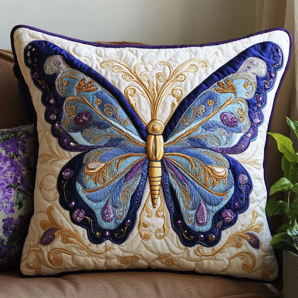 Luxury Blue & Gold Butterfly Quilted Pillow