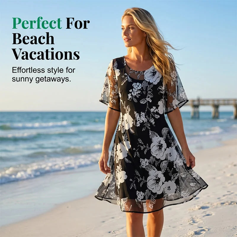 🌷🌷50% OFF NOW! ✨ Women's Floral A-Line Party Dress – Double-Layer Chiffon, Elegant Print & Knee-Length Fit 👗
