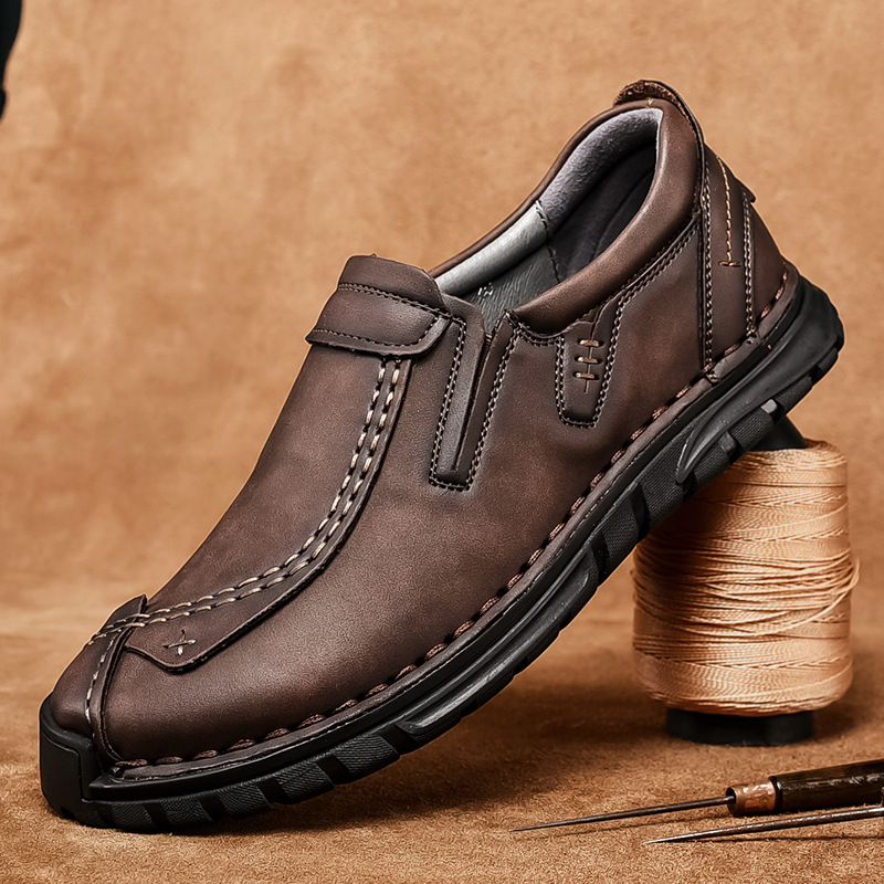 Men's Leather Stitched Walking Shoes - Vintage Lightweight Durable Shock Absorption Comfy Sneakers