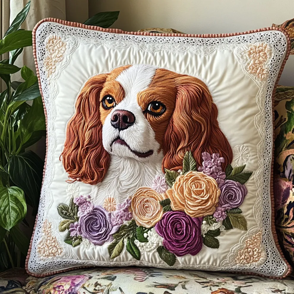 Elegant Cavalier King Charles Spaniel & Floral Quilted Pillow