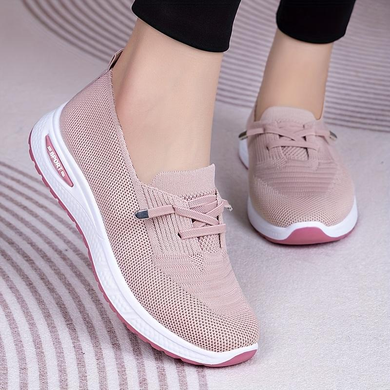 Slip On Sneakers Women Breathable Mesh Knitted Woven Low Top Walking Shoes Lightweight Wide Width Non-Slip Shoes