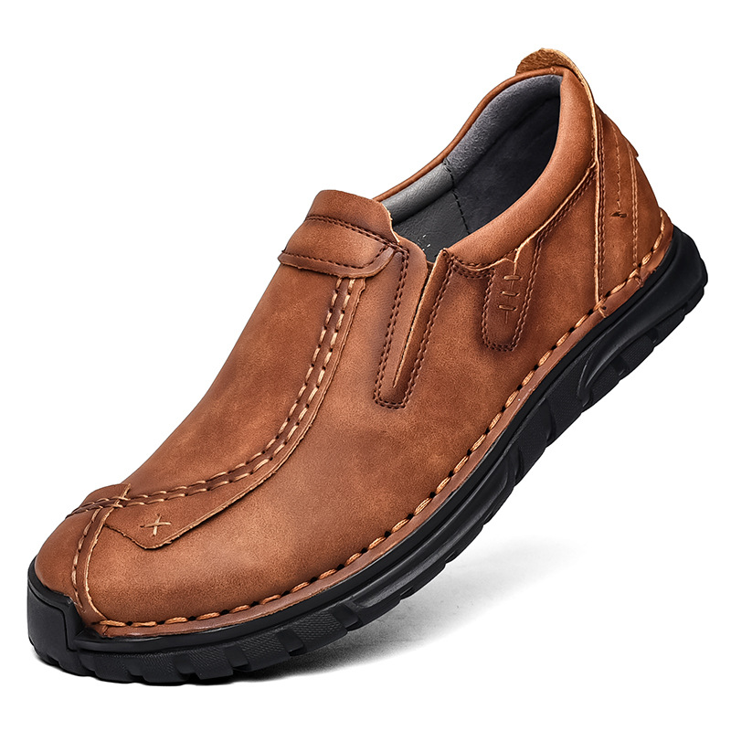 Men's Leather Stitched Walking Shoes - Vintage Lightweight Durable Shock Absorption Comfy Sneakers