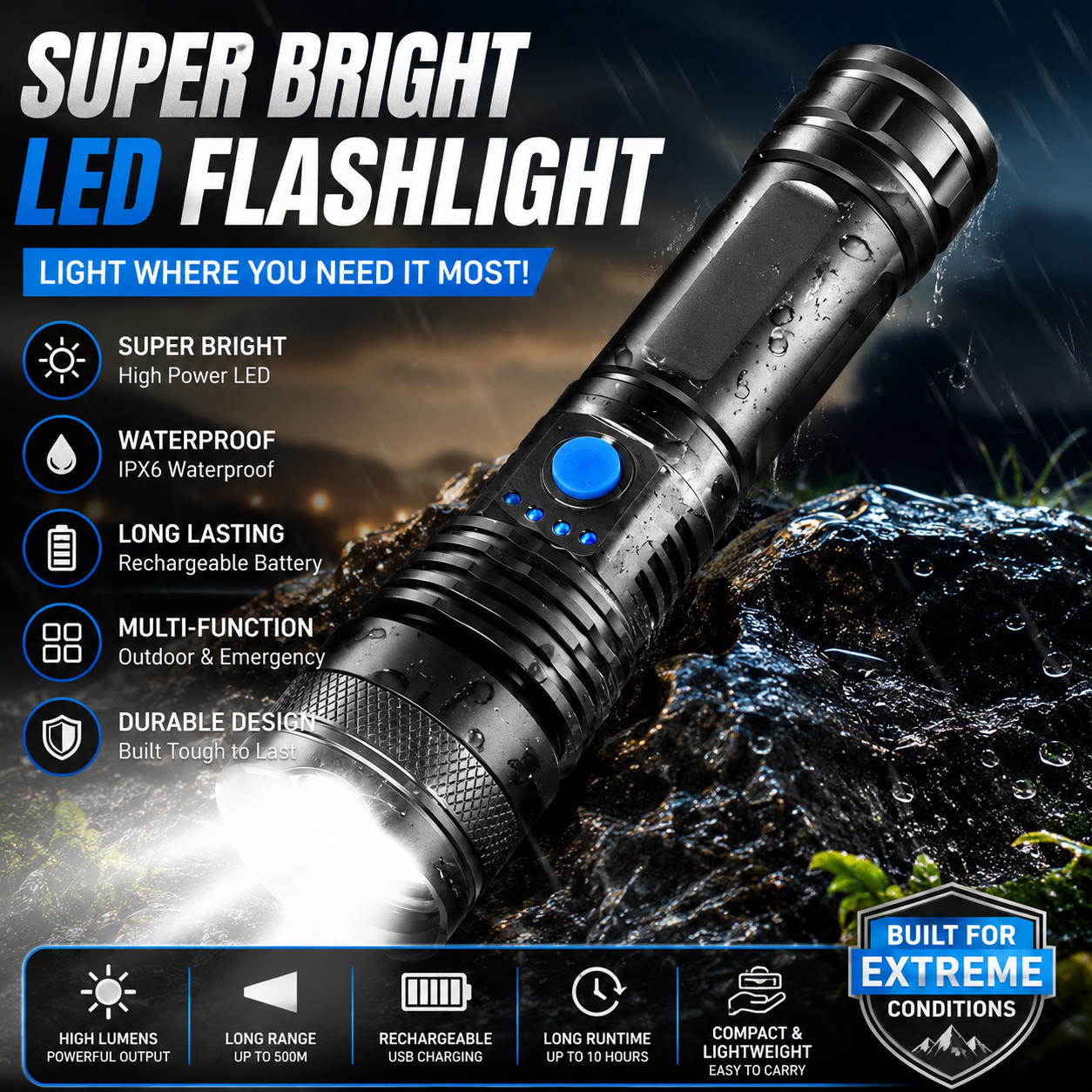 🔦Super Bright LED Flashlight – 🎣Rechargeable Waterproof Tactical Torch for Outdoor & Emergency Use-YOY