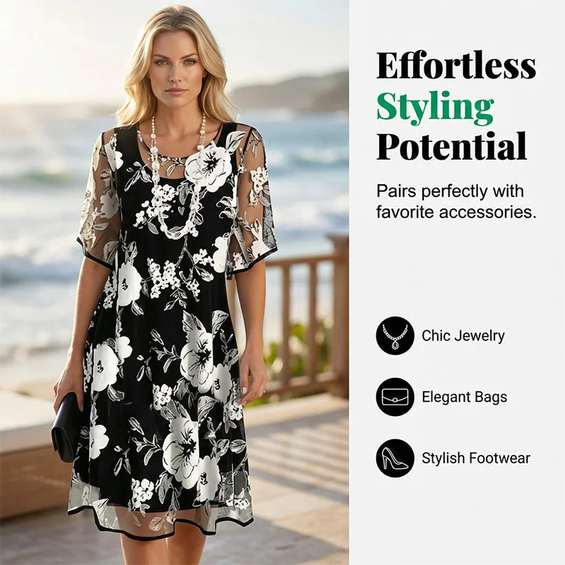 🌷🌷50% OFF NOW! ✨ Women's Floral A-Line Party Dress – Double-Layer Chiffon, Elegant Print & Knee-Length Fit 👗