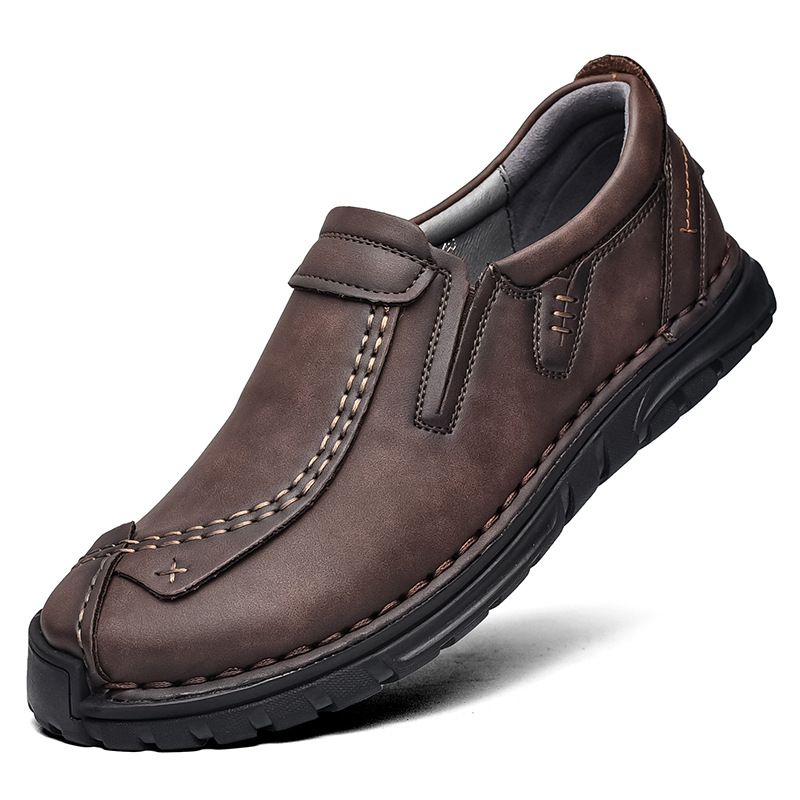 Men's Leather Stitched Walking Shoes - Vintage Lightweight Durable Shock Absorption Comfy Sneakers