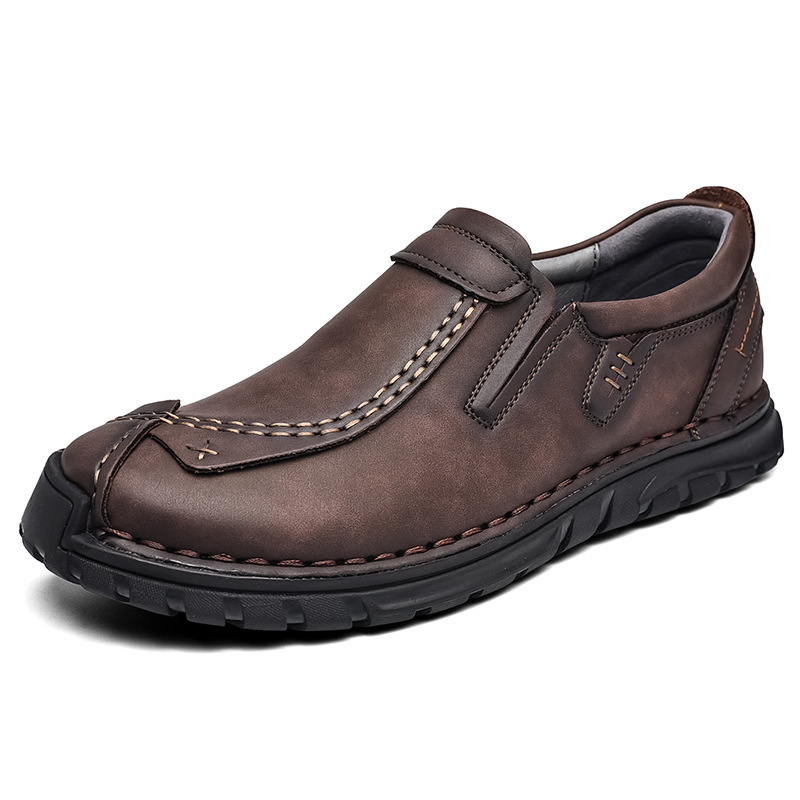 Men's Leather Stitched Walking Shoes - Vintage Lightweight Durable Shock Absorption Comfy Sneakers