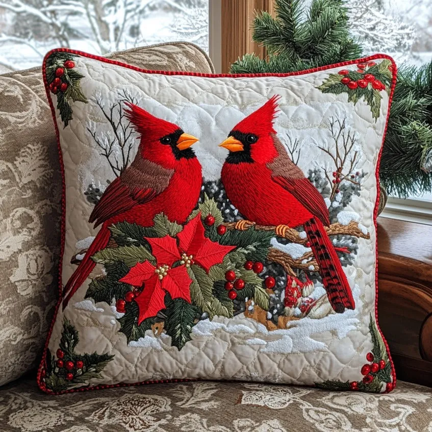 Christmas Cardinal & Poinsettia Quilted Pillow