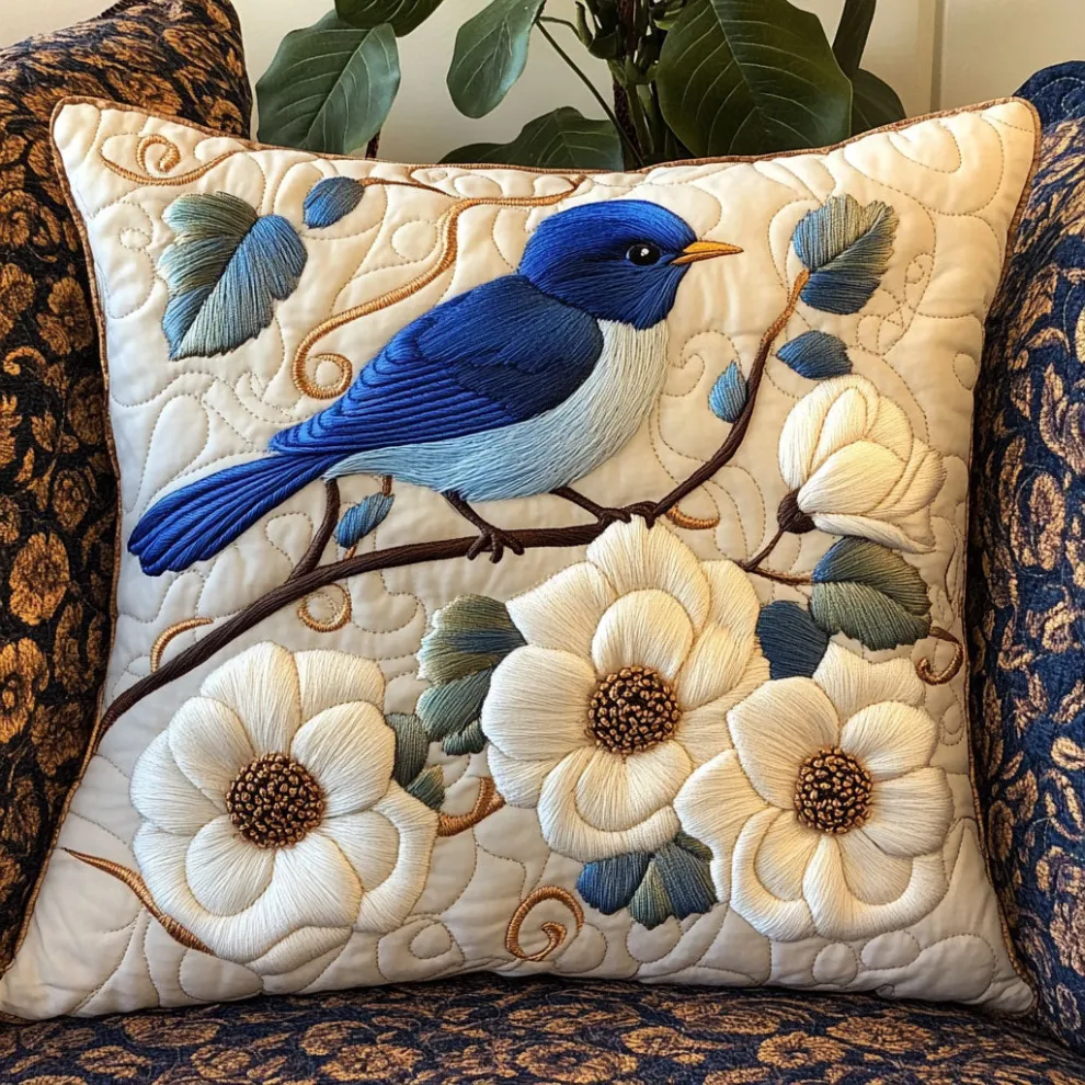 Elegant Blue Bird & Magnolia Quilted Pillow