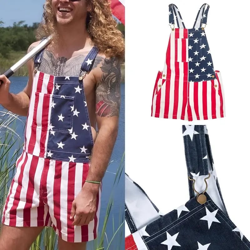Men's and Women's American Flag Denim Overalls Stretch Shorts, Patriotic