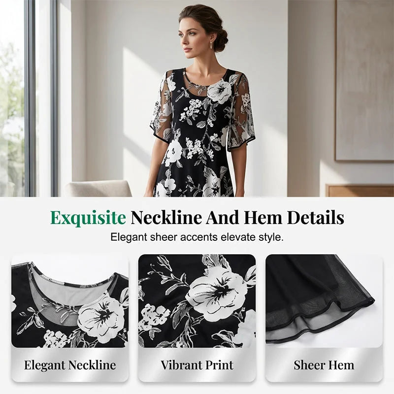 🌷🌷50% OFF NOW! ✨ Women's Floral A-Line Party Dress – Double-Layer Chiffon, Elegant Print & Knee-Length Fit 👗
